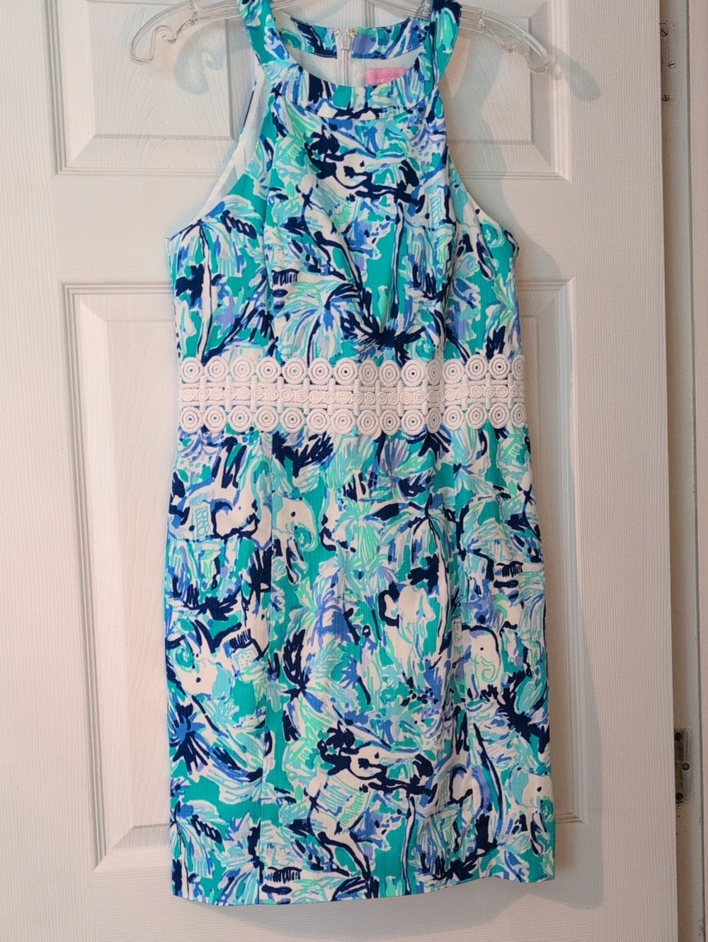 Lilly Pulitzer Aqua Navy Floral Print Dress With Crocheted Waist